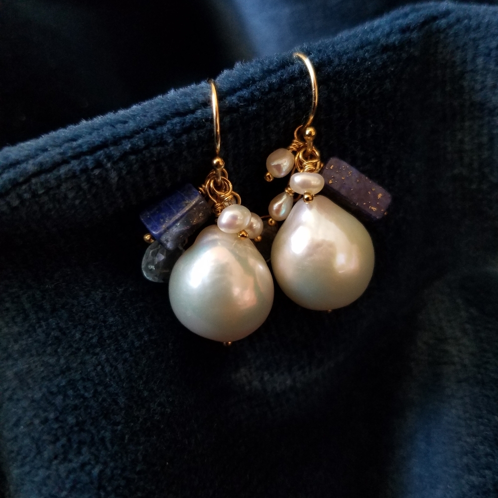 South sea peal earrings, lapis, topaz 14k